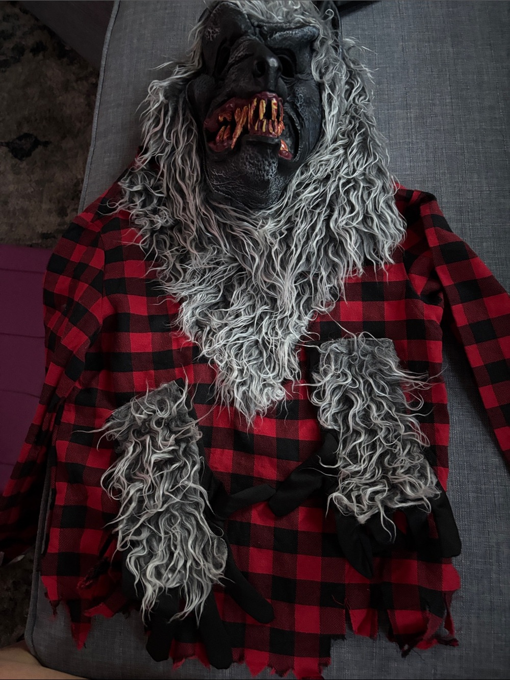 Plaid Red and Black Werewolf Dog Costume with Faux Fur